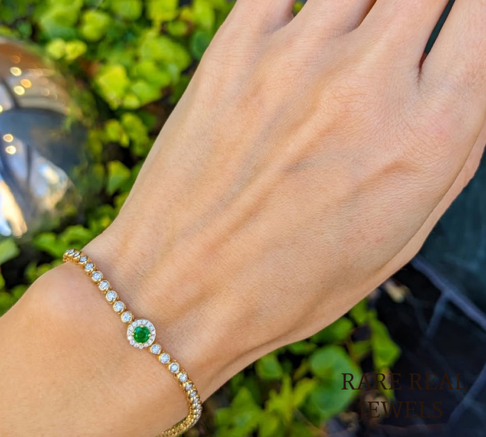 Luxury Emerald & Diamond Tennis Bracelet in 14K Yellow Gold – Round Emerald Halo Bracelet for Women