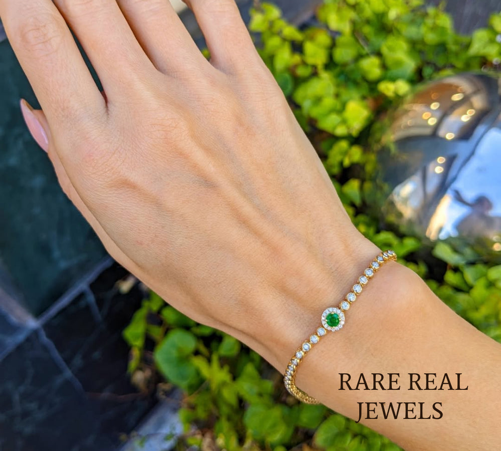 Luxury Emerald & Diamond Tennis Bracelet in 14K Yellow Gold – Round Emerald Halo Bracelet for Women Secondary image