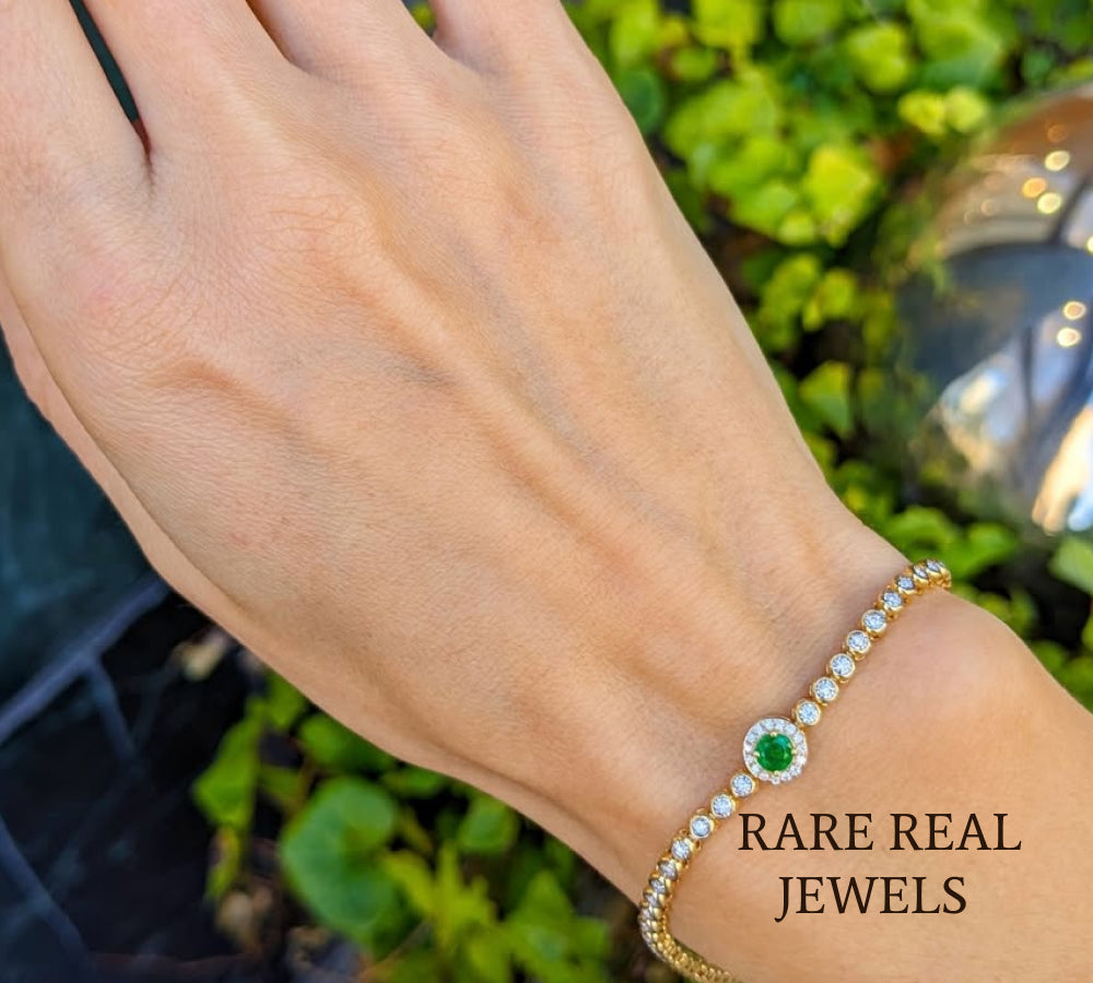 Luxury Emerald & Diamond Tennis Bracelet in 14K Yellow Gold – Round Emerald Halo Bracelet for Women Main image