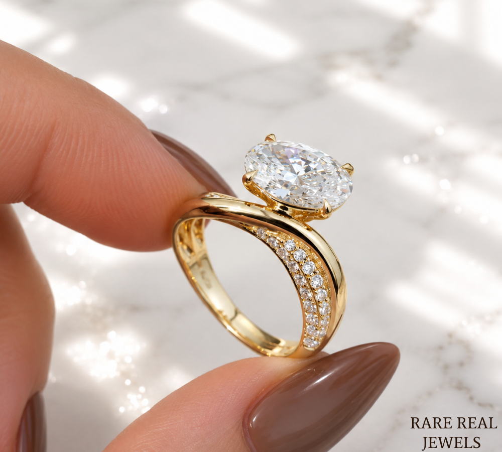 1.5 CT Oval Lab Grown Diamond Engagement Ring | Twisted Gold Band | Oval Solitaire Ring | Curved Diamond Wedding Ring | Modern Bridal Ring