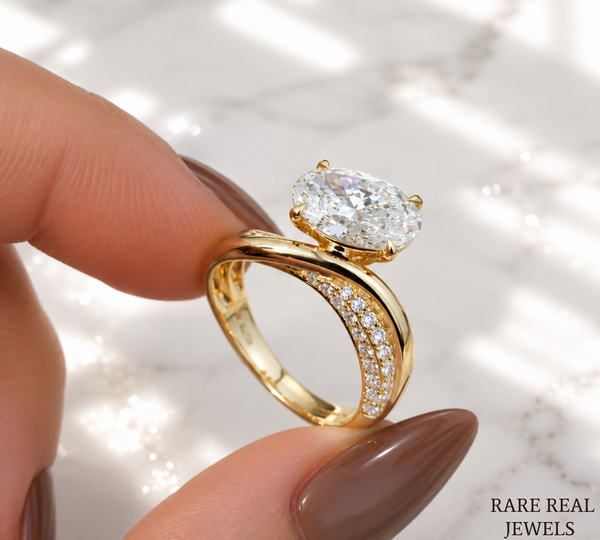 1.5 CT Oval Lab Grown Diamond Engagement Ring | Twisted Gold Band | Oval Solitaire Ring | Curved Diamond Wedding Ring | Modern Bridal Ring
