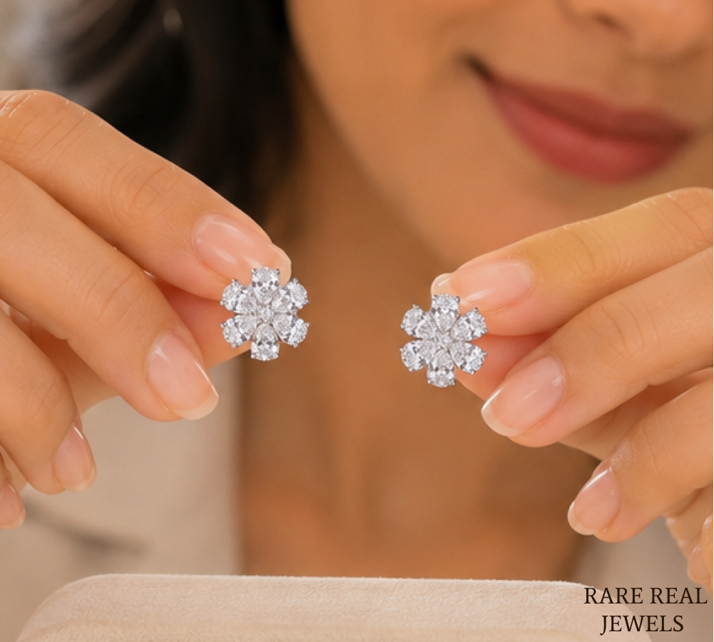 Flower Lab Grown Diamond Stud Earrings, Pear Cut Floral Cluster Earrings, White Gold Diamond Earrings Gift For Her