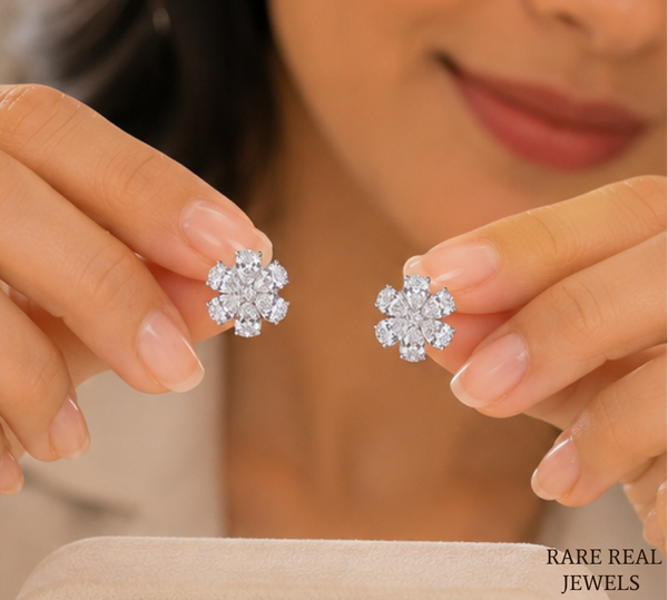 Flower Lab Grown Diamond Stud Earrings, Pear Cut Floral Cluster Earrings, White Gold Diamond Earrings Gift For Her