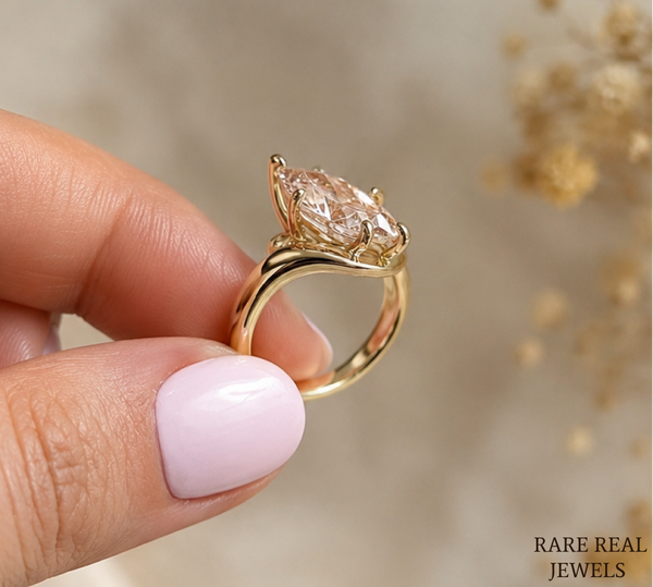 Pear Cut Lab Grown Diamond Engagement Ring, Yellow Gold Bypass Solitaire Ring, Modern Bridal Ring, Unique Proposal Ring