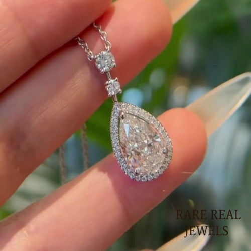 Pear Lab Grown Diamond Halo Pendant: 3.50 CT White Gold Necklace Secondary image