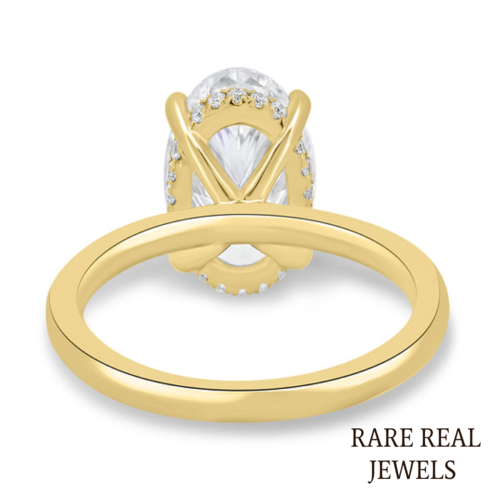 Oval Lab Grown Diamond Engagement Ring: Yellow Gold Solitaire with Hidden Halo