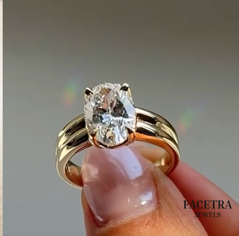 Oval Cut Lab Grown Diamond Engagement Ring, 3.00 CT Oval Diamond Ring, Yellow Gold Solitaire Ring, Bridal Ring, Promise Ring