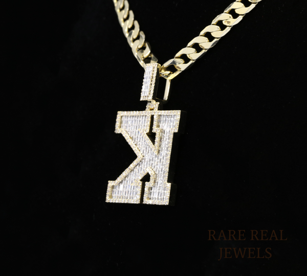 Diamond Letter K Pendant, Baguette Cut Diamond Initial Pendant, Personalized K Pendant, Diamond Initial Charm, Luxury Yellow Gold Pendant