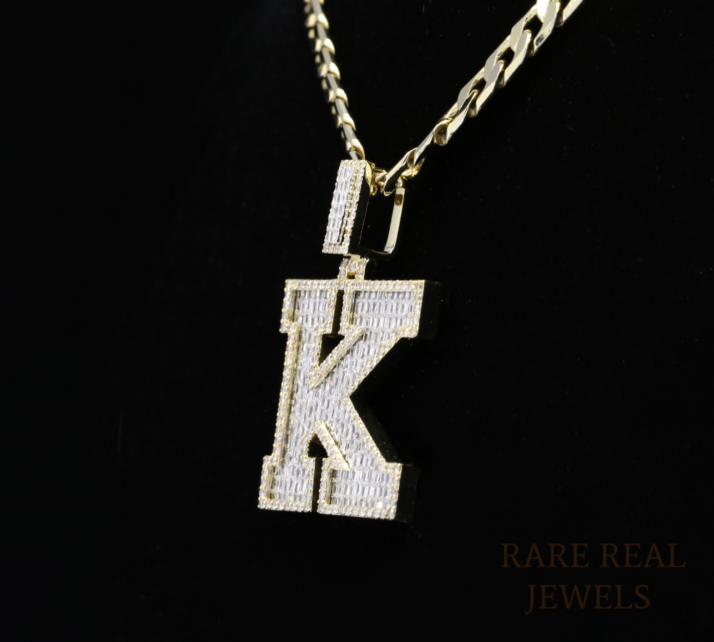 Diamond Letter K Pendant, Baguette Cut Diamond Initial Pendant, Personalized K Pendant, Diamond Initial Charm, Luxury Yellow Gold Pendant