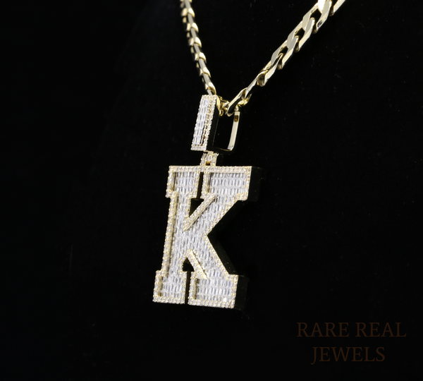 Diamond Letter K Pendant, Baguette Cut Diamond Initial Pendant, Personalized K Pendant, Diamond Initial Charm, Luxury Yellow Gold Pendant