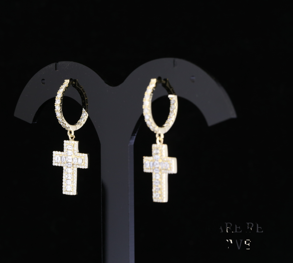 Diamond Cross Dangle Earrings, Emerald  & Round Lab Grown Diamond Hoop Earrings, 14K Yellow Gold Cross Earrings, Christian Jewelry Gift for Her