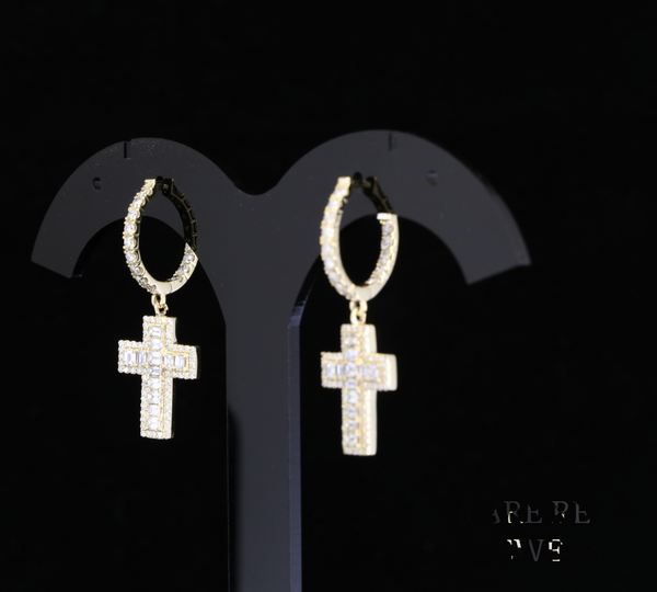 Diamond Cross Dangle Earrings, Emerald  & Round Lab Grown Diamond Hoop Earrings, 14K Yellow Gold Cross Earrings, Christian Jewelry Gift for Her