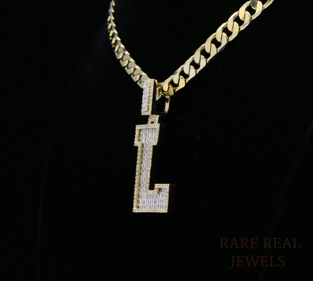 Diamond Letter L Pendant, Baguette Cut Diamond Initial Pendant, Personalized L Pendant, Diamond Initial Charm, Luxury Yellow Gold Pendant