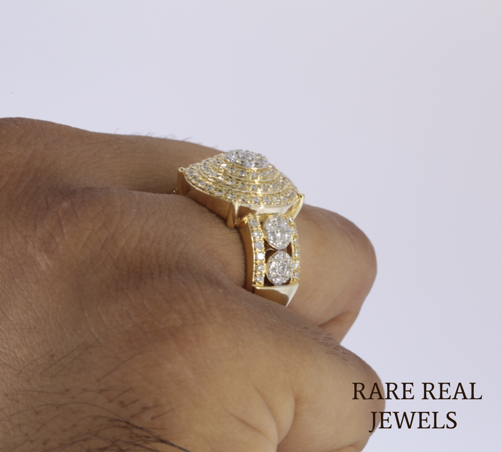 Men's Diamond Cluster Ring | Yellow Gold Round Diamond Statement Ring | Luxury Cocktail Ring | Pave Diamond Anniversary Ring for Him