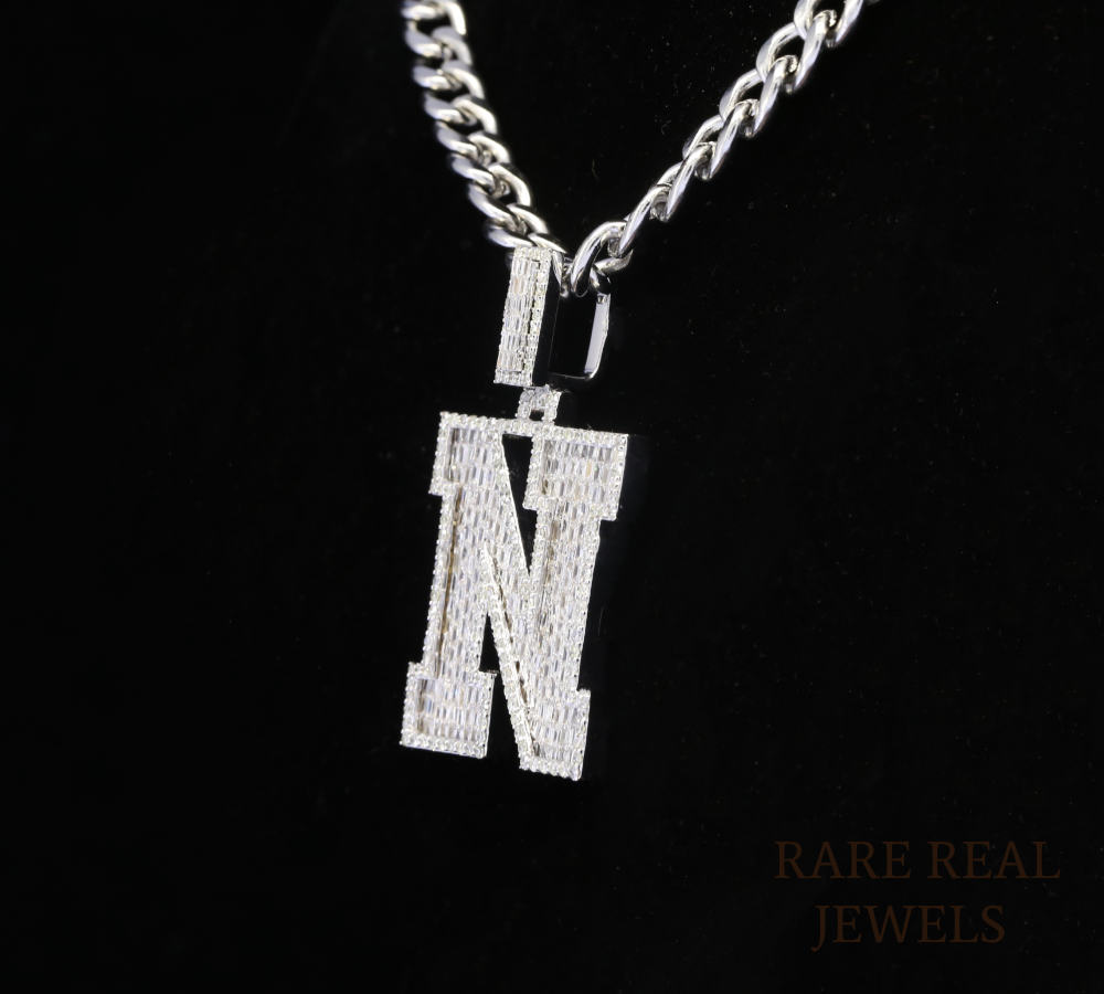 Diamond Letter M Pendant Necklace, Baguette Cut Diamond Initial Pendant, Personalized M Necklace, Diamond Initial Charm, Luxury White Gold Necklace