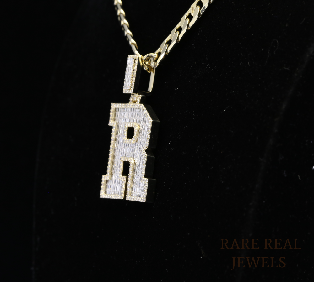 Diamond Letter R Pendant Necklace, Baguette Cut Diamond Initial Necklace, Personalized R Pendant, Diamond Initial Charm, Luxury Gold Necklace
