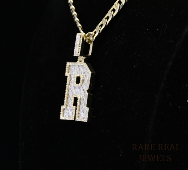 Diamond Letter R Pendant Necklace, Baguette Cut Diamond Initial Necklace, Personalized R Pendant, Diamond Initial Charm, Luxury Gold Necklace