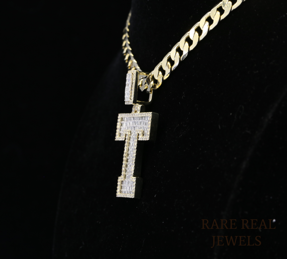 Diamond Letter T Pendant Necklace, Baguette Cut Diamond Initial Necklace, Personalized T Pendant, Diamond Initial Charm, Luxury Gold Necklace