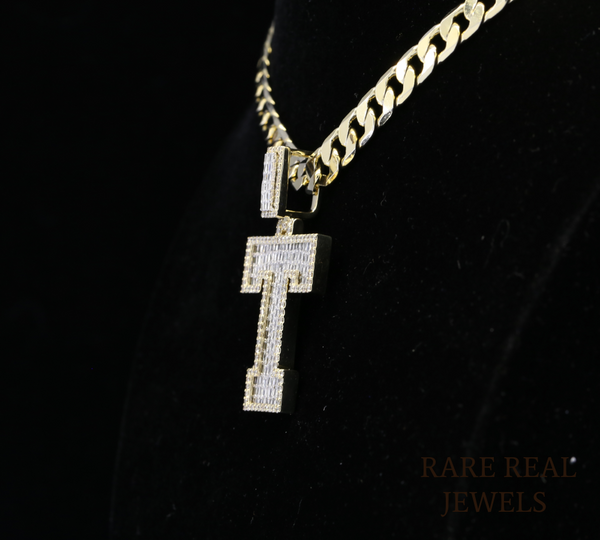 Diamond Letter T Pendant Necklace, Baguette Cut Diamond Initial Necklace, Personalized T Pendant, Diamond Initial Charm, Luxury Gold Necklace