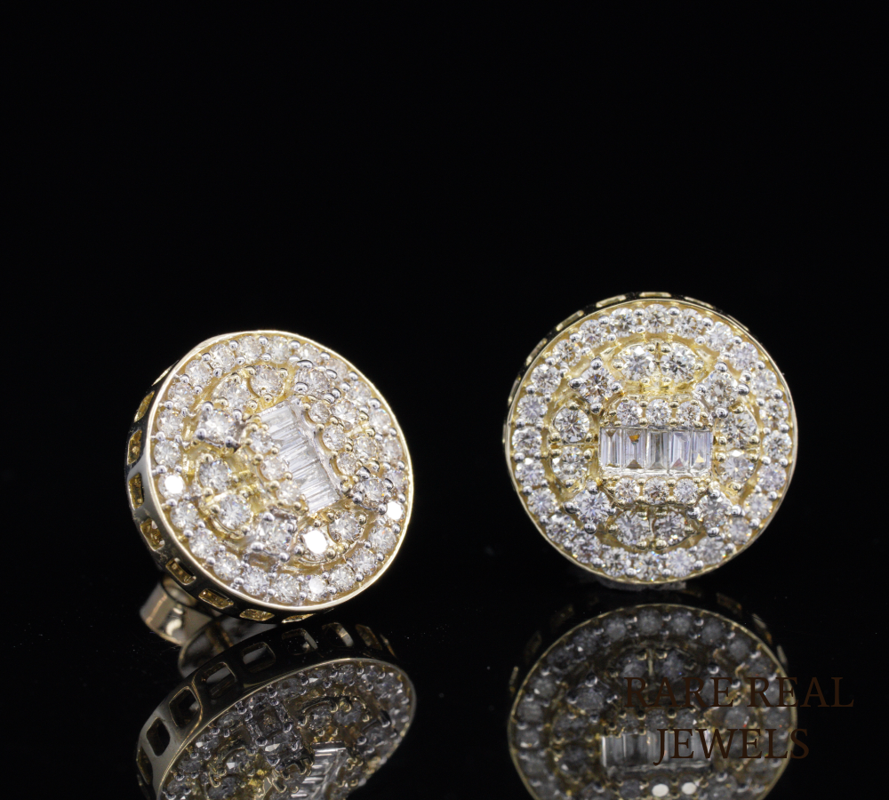 Round Diamond Stud Earrings, Baguette Diamond Cluster Earrings, Halo Pave Diamond Studs, Gold Diamond Earrings, Luxury Gift for Her Main image