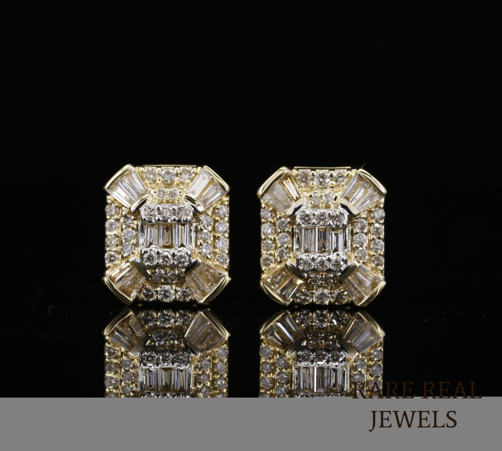 Baguette Diamond Stud Earrings, Rectangular Diamond Cluster Earrings, Emerald Cut Style Studs, Pave Diamond Earrings, Luxury Gold Jewelry
