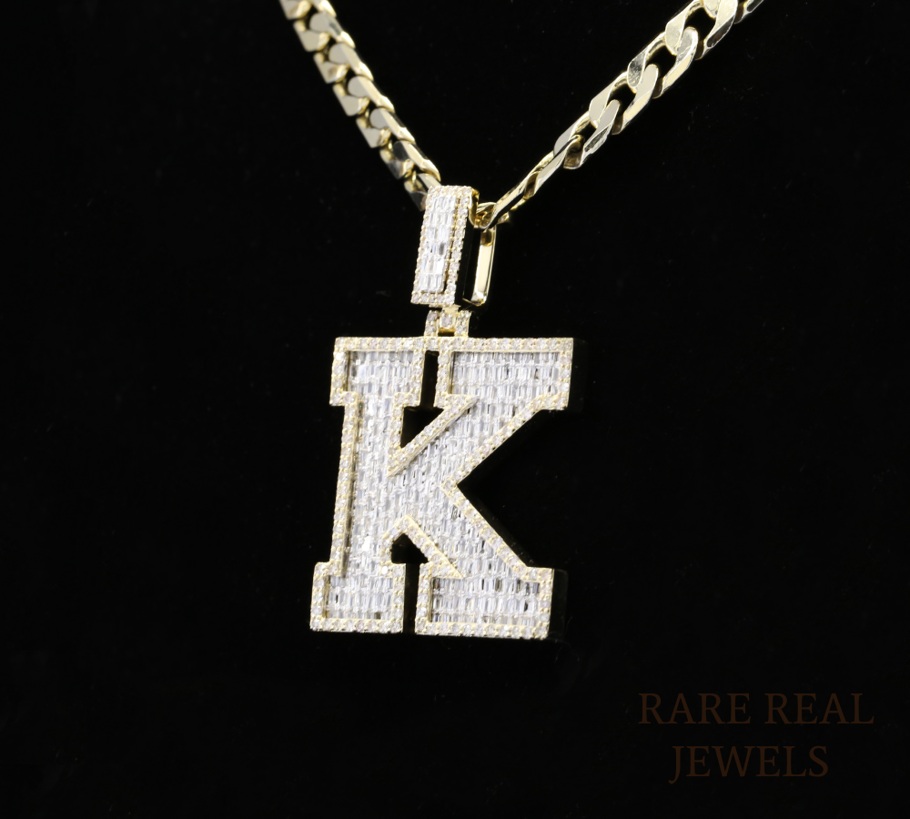 Diamond Letter K Pendant, Baguette Cut Diamond Initial Pendant, Personalized K Pendant, Diamond Initial Charm, Luxury Yellow Gold Pendant