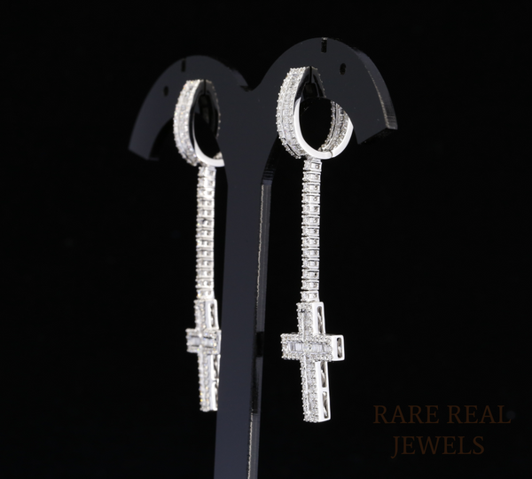 Diamond Cross Drop Earrings, Baguette Diamond Cross Earrings, Long Dangle Earrings, Diamond Hoop Earrings, Luxury Gift for Her
