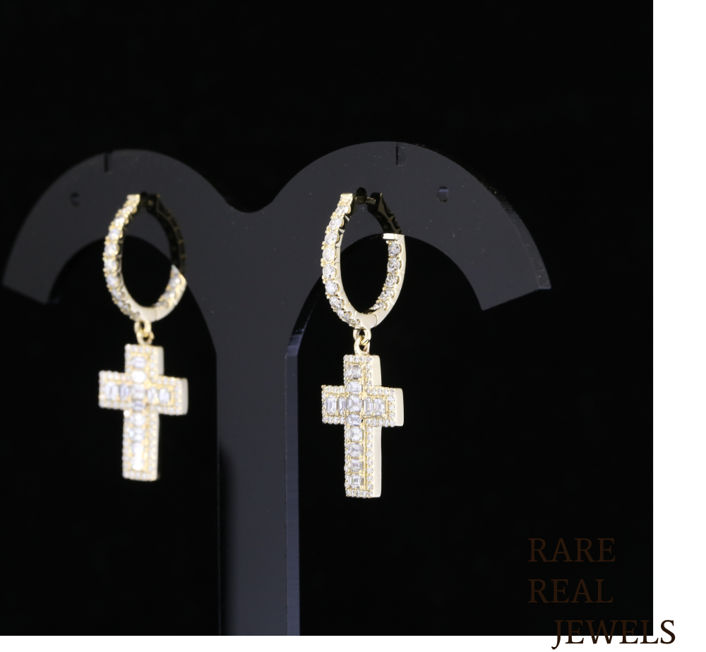 Diamond Cross Dangle Earrings, Emerald  & Round Lab Grown Diamond Hoop Earrings, 14K Yellow Gold Cross Earrings, Christian Jewelry Gift for Her