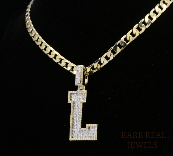 Diamond Letter L Pendant, Baguette Cut Diamond Initial Pendant, Personalized L Pendant, Diamond Initial Charm, Luxury Yellow Gold Pendant