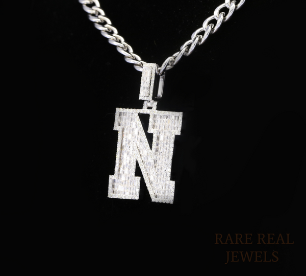 Diamond Letter M Pendant Necklace, Baguette Cut Diamond Initial Pendant, Personalized M Necklace, Diamond Initial Charm, Luxury White Gold Necklace