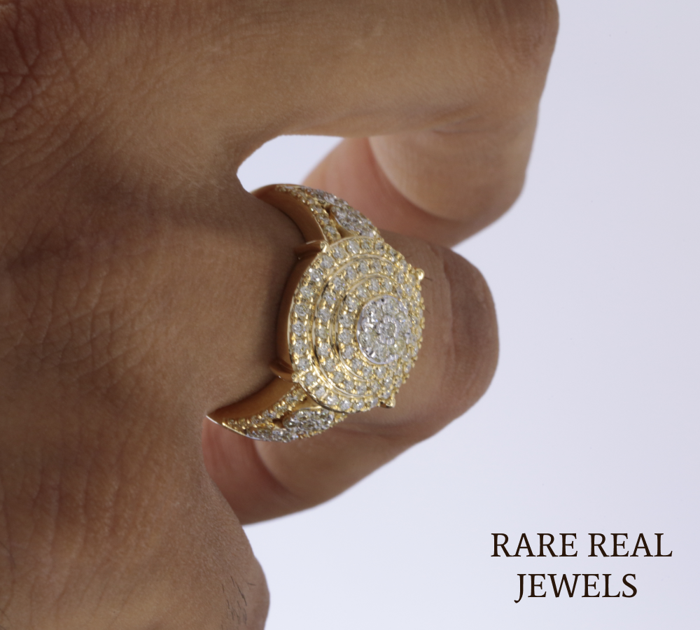 Men's Diamond Cluster Ring | Yellow Gold Round Diamond Statement Ring | Luxury Cocktail Ring | Pave Diamond Anniversary Ring for Him
