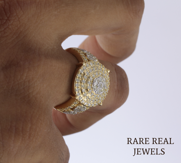Men's Diamond Cluster Ring | Yellow Gold Round Diamond Statement Ring | Luxury Cocktail Ring | Pave Diamond Anniversary Ring for Him