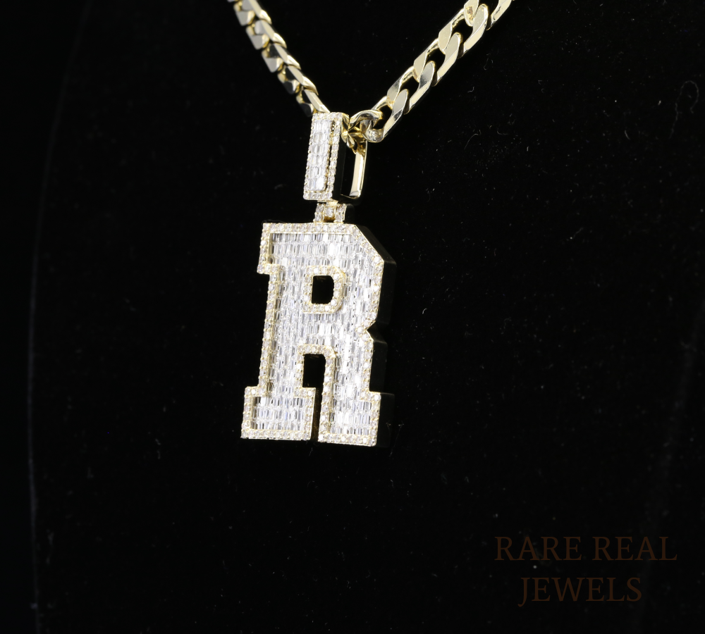 Diamond Letter R Pendant Necklace, Baguette Cut Diamond Initial Necklace, Personalized R Pendant, Diamond Initial Charm, Luxury Gold Necklace