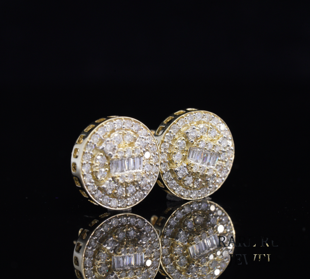 Round Diamond Stud Earrings, Baguette Diamond Cluster Earrings, Halo Pave Diamond Studs, Gold Diamond Earrings, Luxury Gift for Her Secondary image