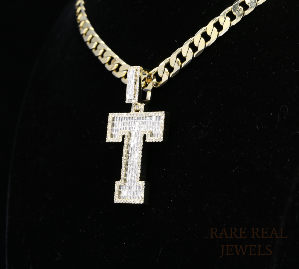 Diamond Letter T Pendant Necklace, Baguette Cut Diamond Initial Necklace, Personalized T Pendant, Diamond Initial Charm, Luxury Gold Necklace