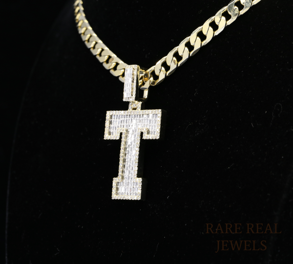 Diamond Letter T Pendant Necklace, Baguette Cut Diamond Initial Necklace, Personalized T Pendant, Diamond Initial Charm, Luxury Gold Necklace