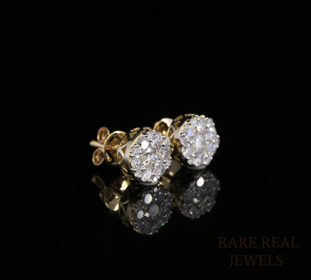 Diamond Cluster Stud Earrings, Round Diamond Floral Earrings, Cluster Diamond Earrings, Luxury Gold Stud Earrings, Gift for Her