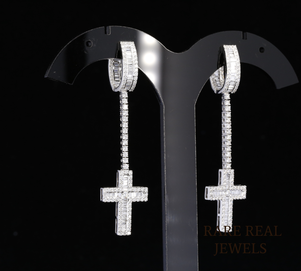 Diamond Cross Drop Earrings, Baguette Diamond Cross Earrings, Long Dangle Earrings, Diamond Hoop Earrings, Luxury Gift for Her Main image