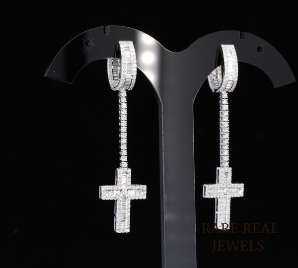 Diamond Cross Drop Earrings, Baguette Diamond Cross Earrings, Long Dangle Earrings, Diamond Hoop Earrings, Luxury Gift for Her