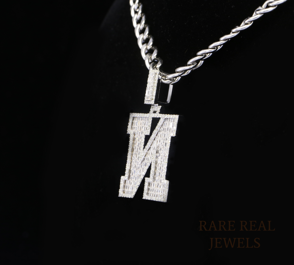 Diamond Letter M Pendant Necklace, Baguette Cut Diamond Initial Pendant, Personalized M Necklace, Diamond Initial Charm, Luxury White Gold Necklace