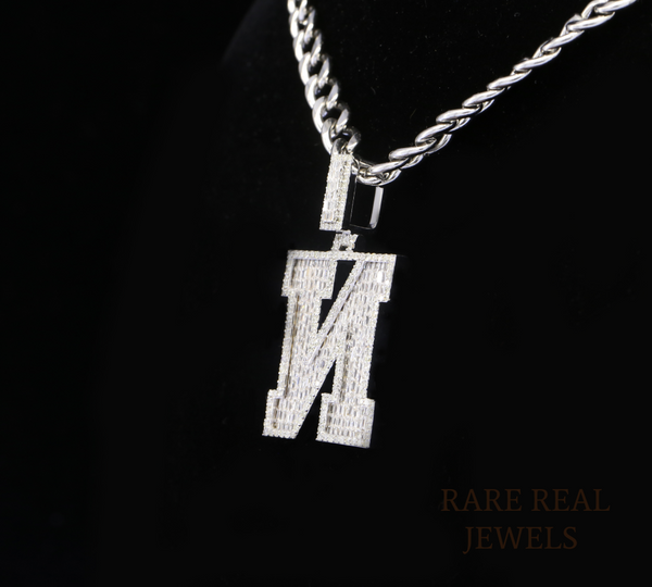 Diamond Letter M Pendant Necklace, Baguette Cut Diamond Initial Pendant, Personalized M Necklace, Diamond Initial Charm, Luxury White Gold Necklace
