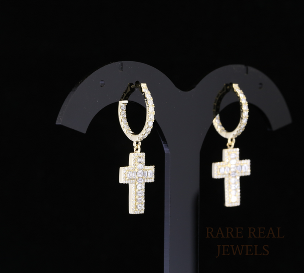 Diamond Cross Dangle Earrings, Emerald  & Round Lab Grown Diamond Hoop Earrings, 14K Yellow Gold Cross Earrings, Christian Jewelry Gift for Her