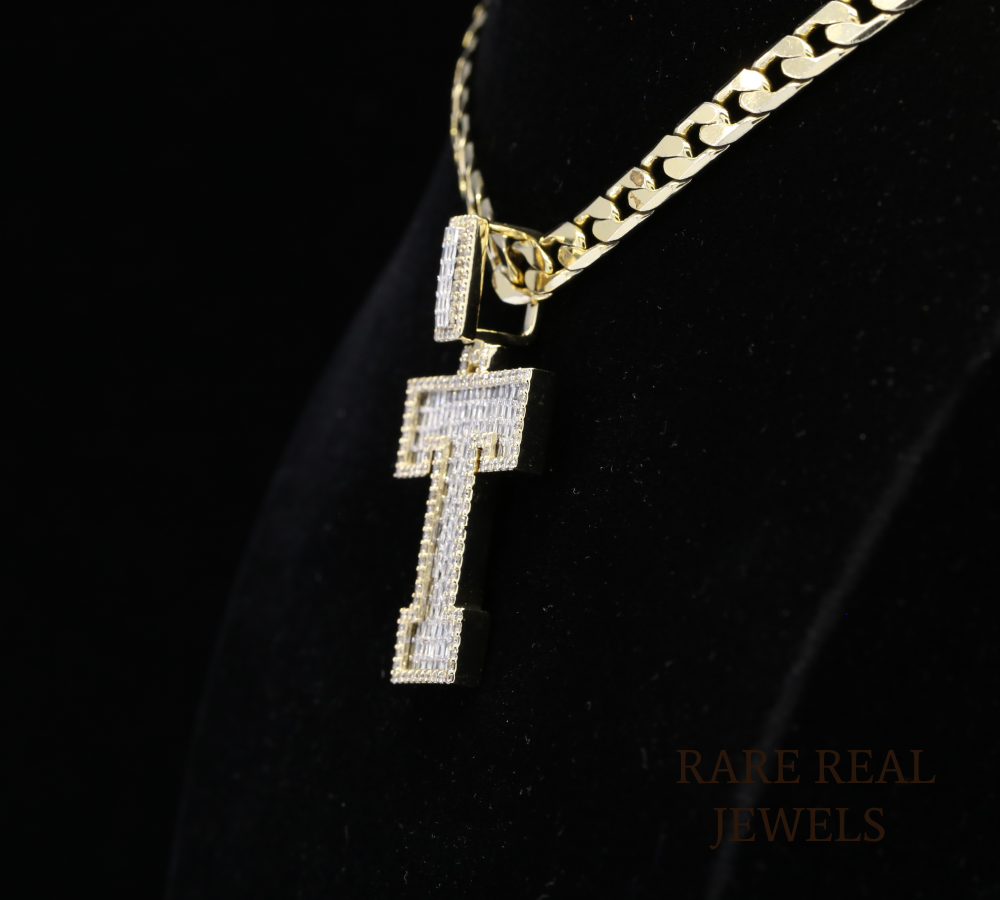 Diamond Letter T Pendant Necklace, Baguette Cut Diamond Initial Necklace, Personalized T Pendant, Diamond Initial Charm, Luxury Gold Necklace