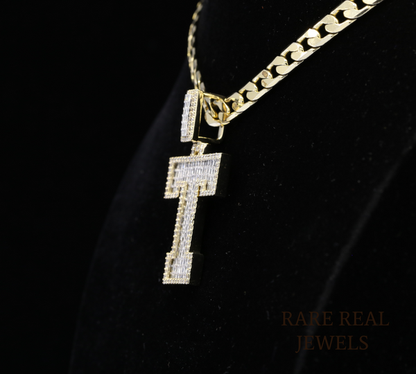Diamond Letter T Pendant Necklace, Baguette Cut Diamond Initial Necklace, Personalized T Pendant, Diamond Initial Charm, Luxury Gold Necklace