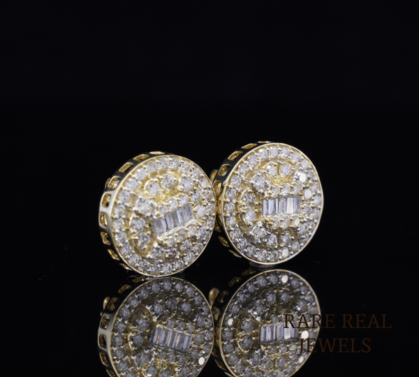 Round Diamond Stud Earrings, Baguette Diamond Cluster Earrings, Halo Pave Diamond Studs, Gold Diamond Earrings, Luxury Gift for Her