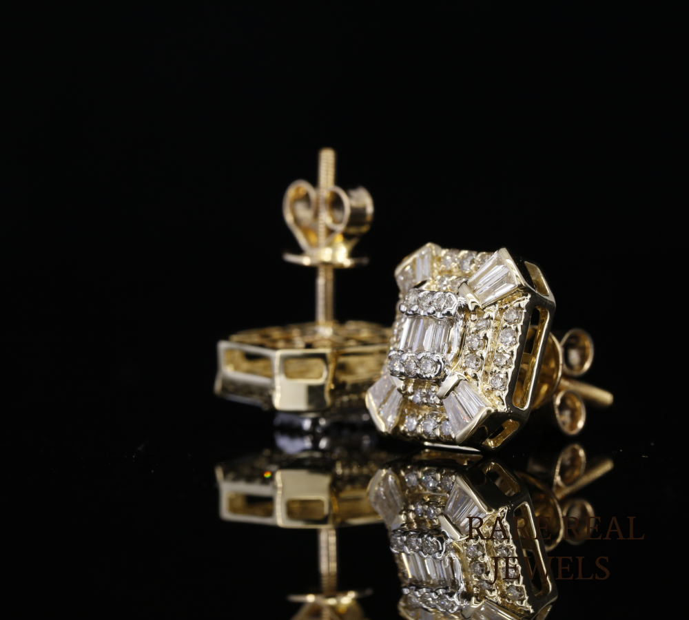 Baguette Diamond Stud Earrings, Rectangular Diamond Cluster Earrings, Emerald Cut Style Studs, Pave Diamond Earrings, Luxury Gold Jewelry