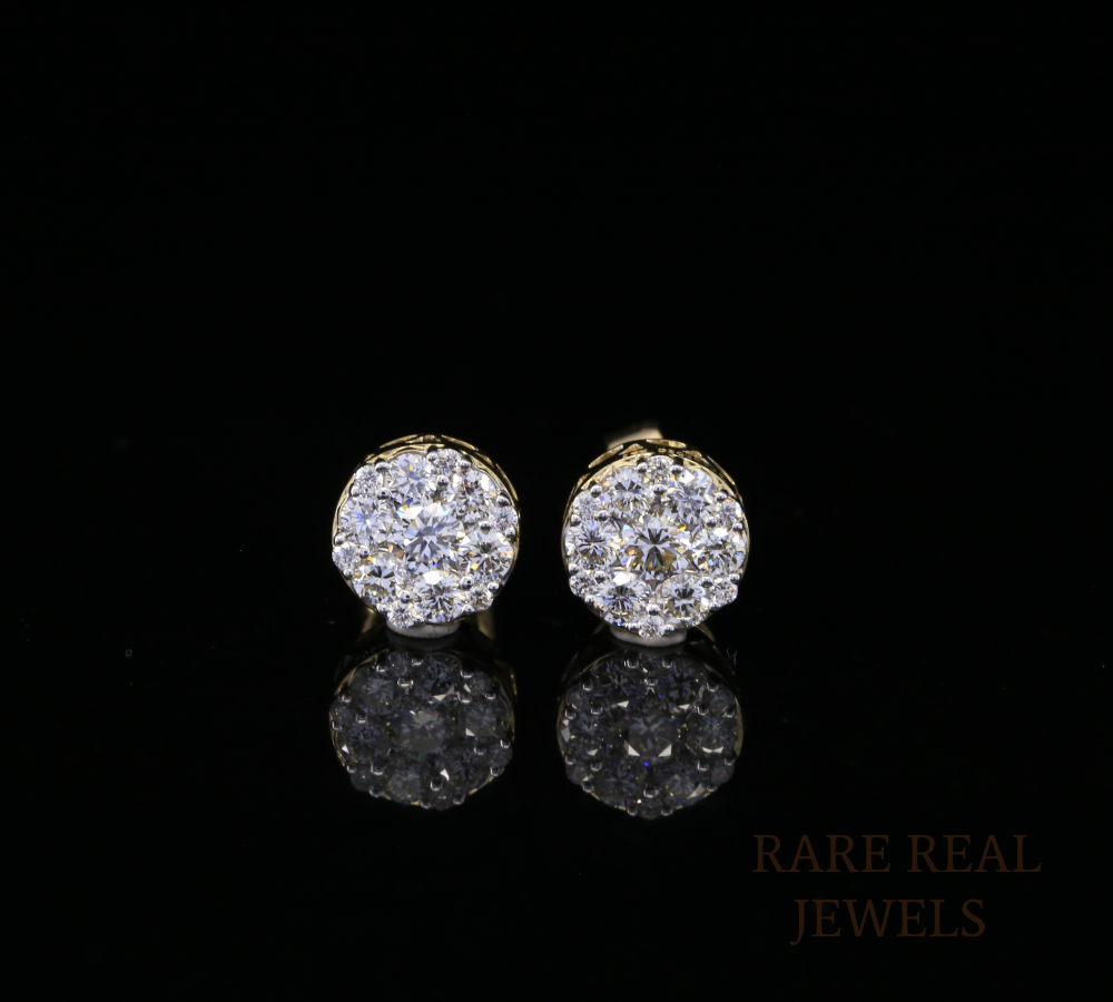 Diamond Cluster Stud Earrings, Round Diamond Floral Earrings, Cluster Diamond Earrings, Luxury Gold Stud Earrings, Gift for Her