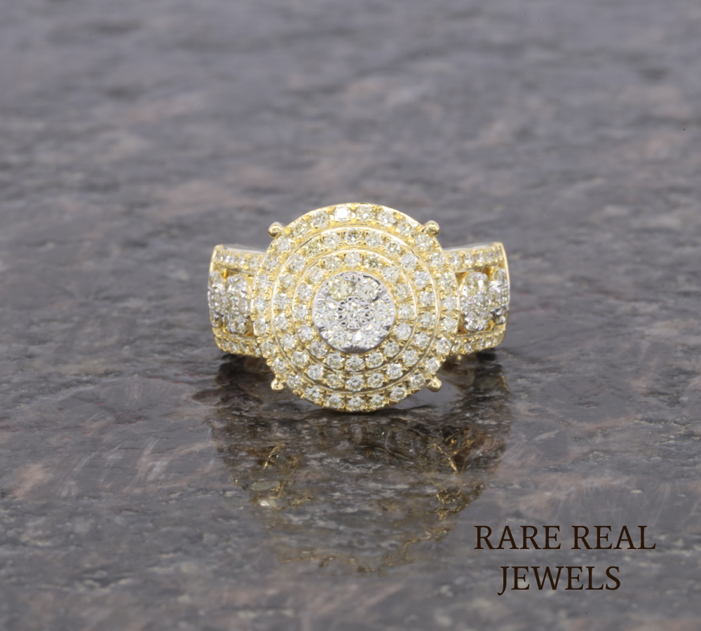 Men's Diamond Cluster Ring | Yellow Gold Round Diamond Statement Ring | Luxury Cocktail Ring | Pave Diamond Anniversary Ring for Him