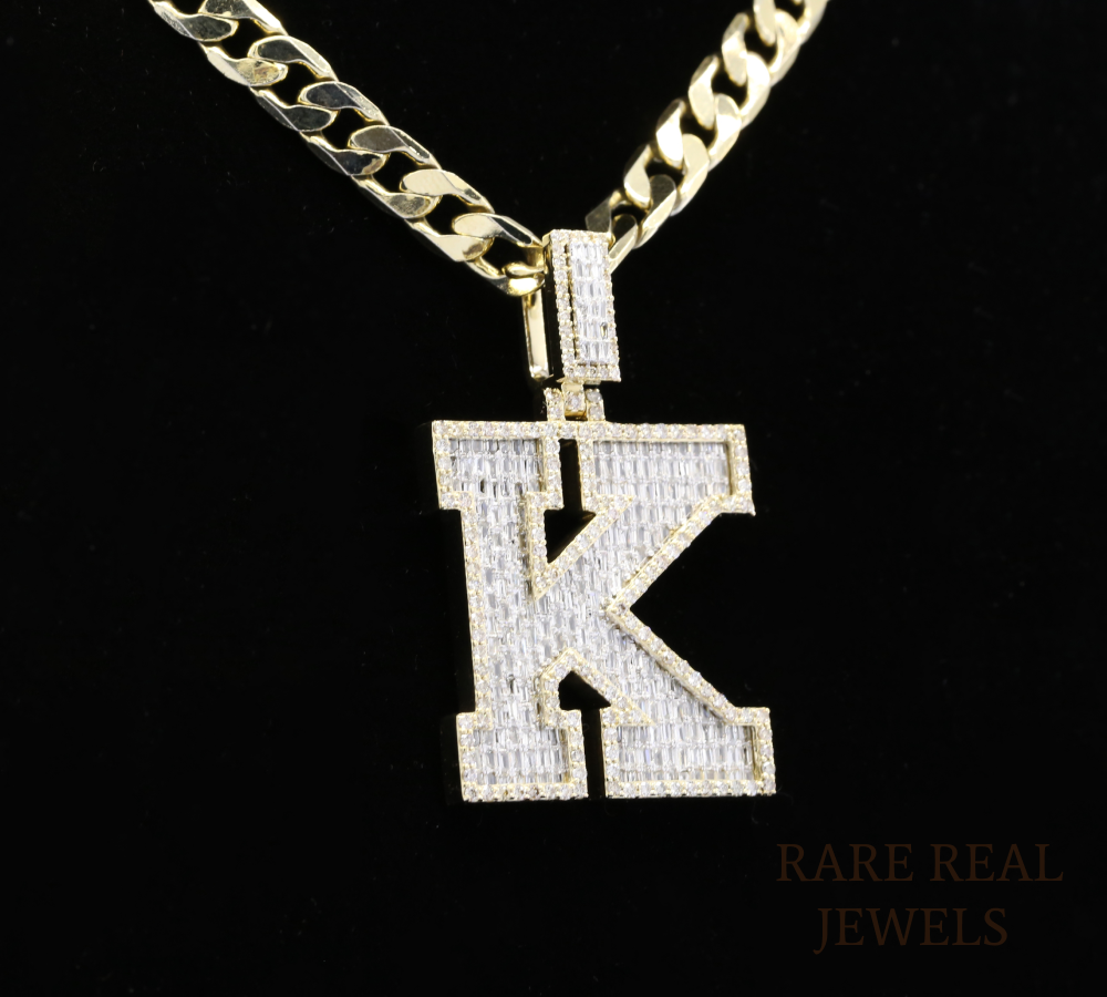 Diamond Letter K Pendant, Baguette Cut Diamond Initial Pendant, Personalized K Pendant, Diamond Initial Charm, Luxury Yellow Gold Pendant