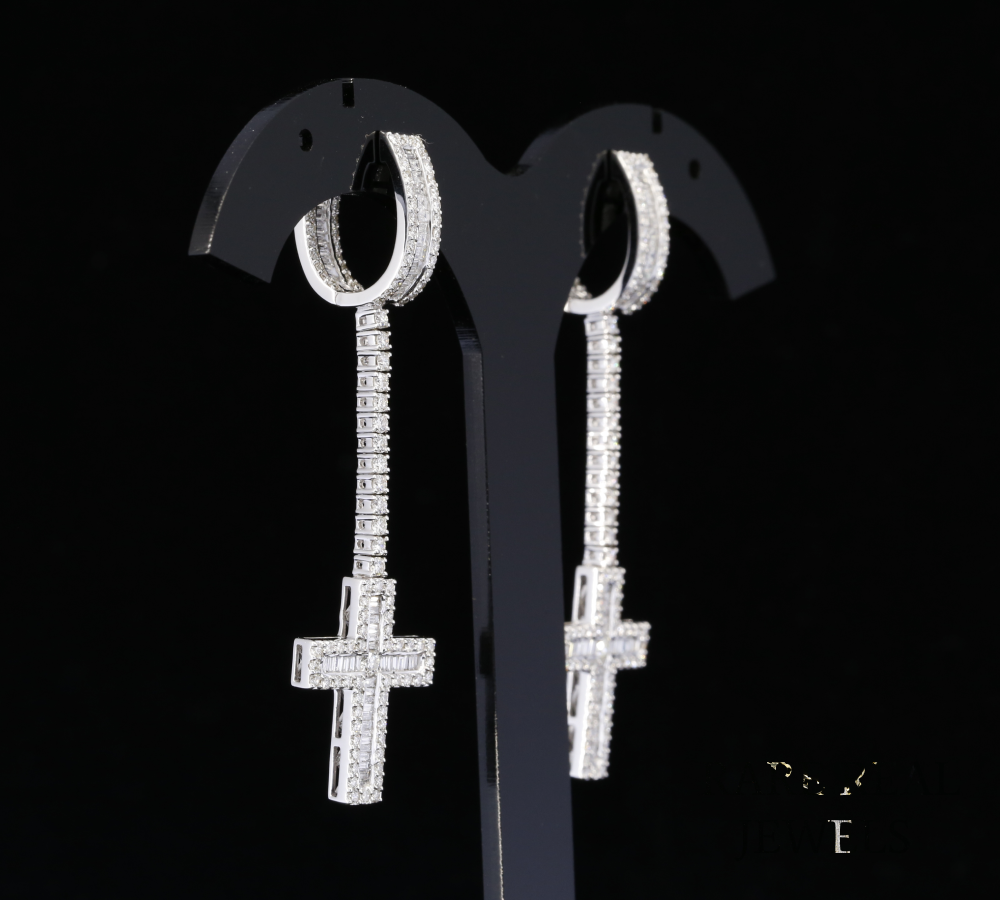 Diamond Cross Drop Earrings, Baguette Diamond Cross Earrings, Long Dangle Earrings, Diamond Hoop Earrings, Luxury Gift for Her